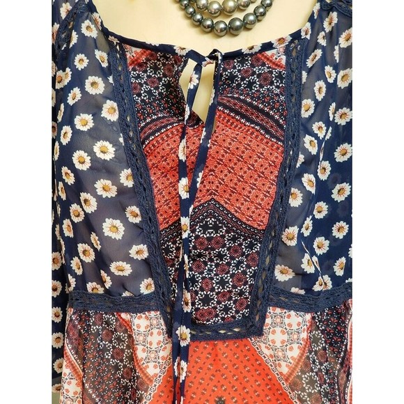 Valerie Stevens Plus Size 2X Tie Front Flowy Slightly Sheer Hippie Boho Top - Picture 3 of 8